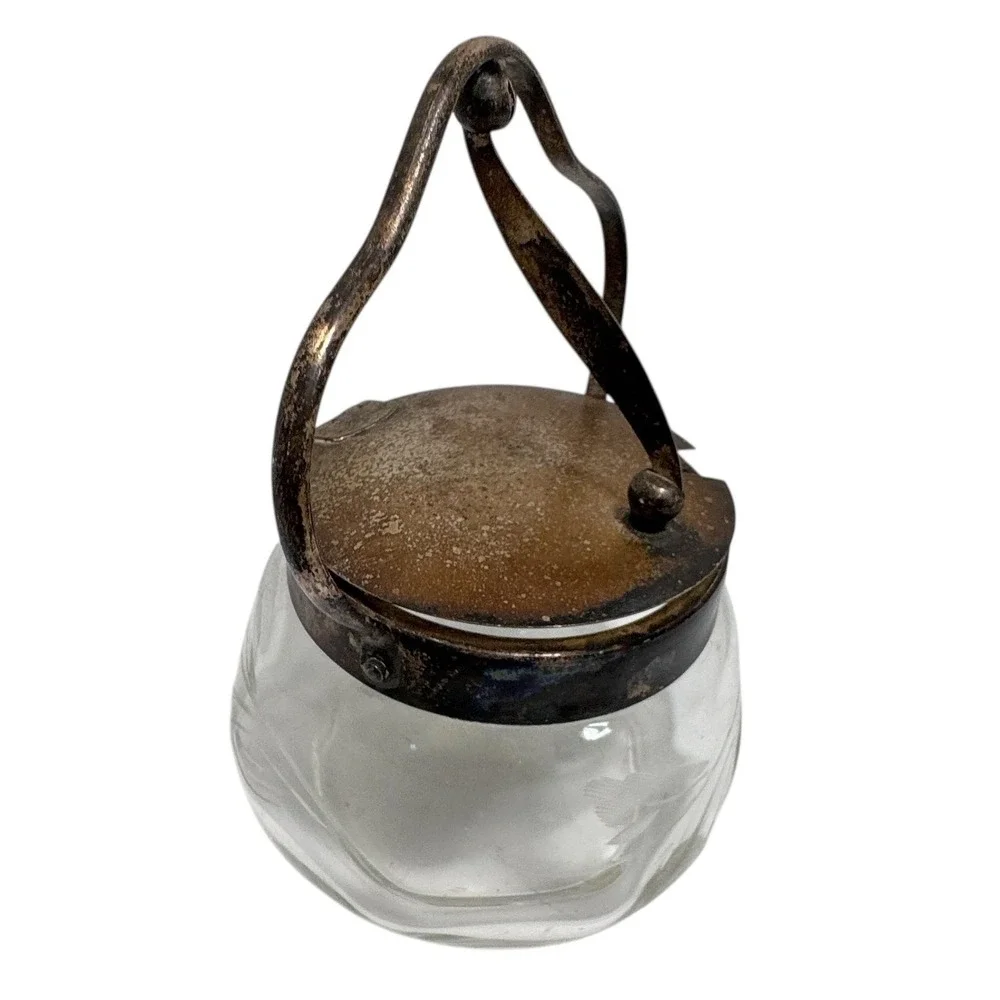 Antique Etched Glass Jam Jar Silver Plate Hinge Lid Handle Victorian condiment